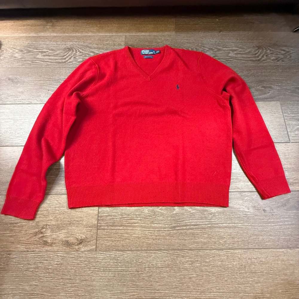 Polo Ralph Lauren Men's V-Neck 100% Lambswool Red Sweater Holiday Classic XXL